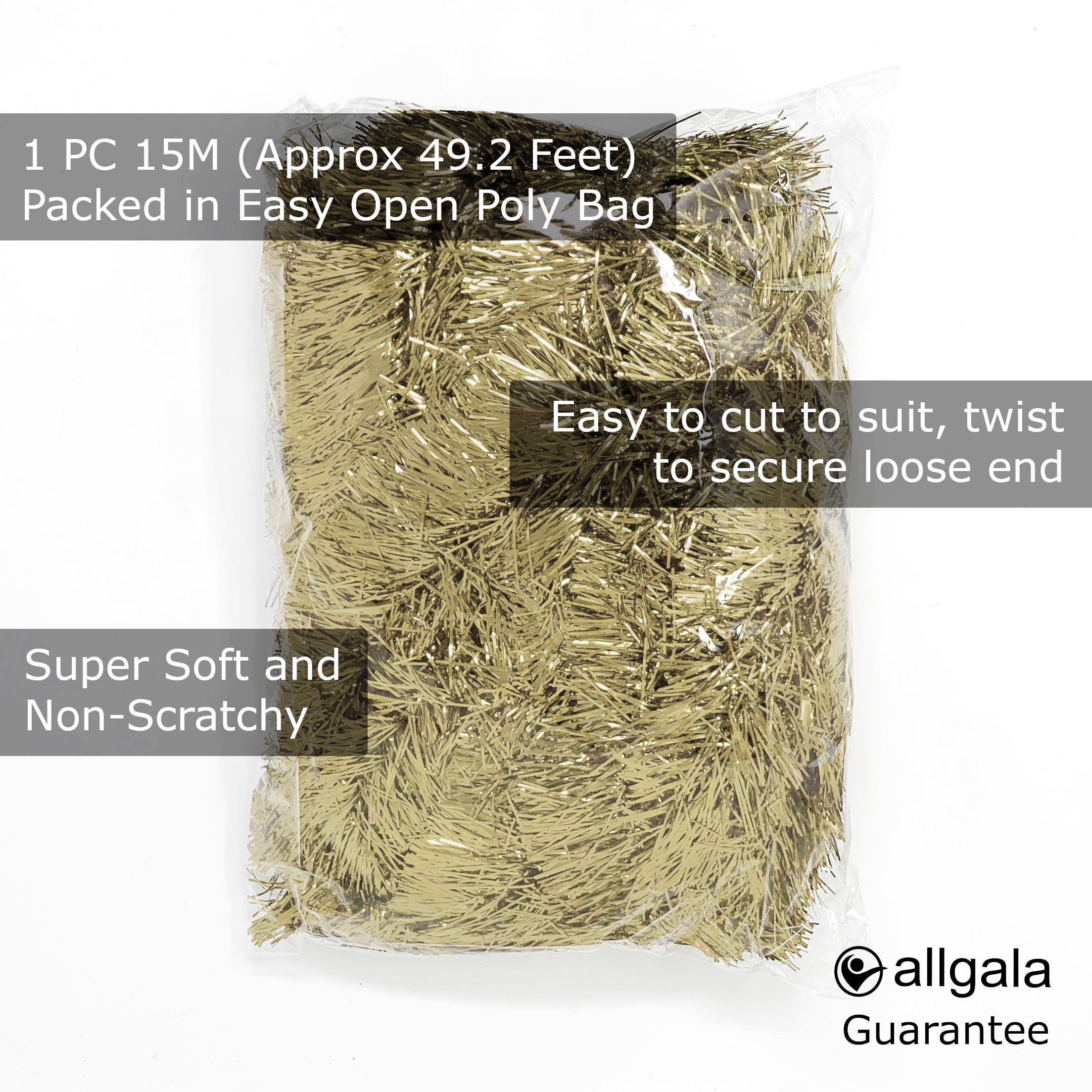 Allgala Champagne Tinsel Garland, 50 Feet Christmas Metallic Foil Tinsel Garland Decoration for Holiday Tree Walll Rail Home Office Event Fall Thanksgiving Decoration