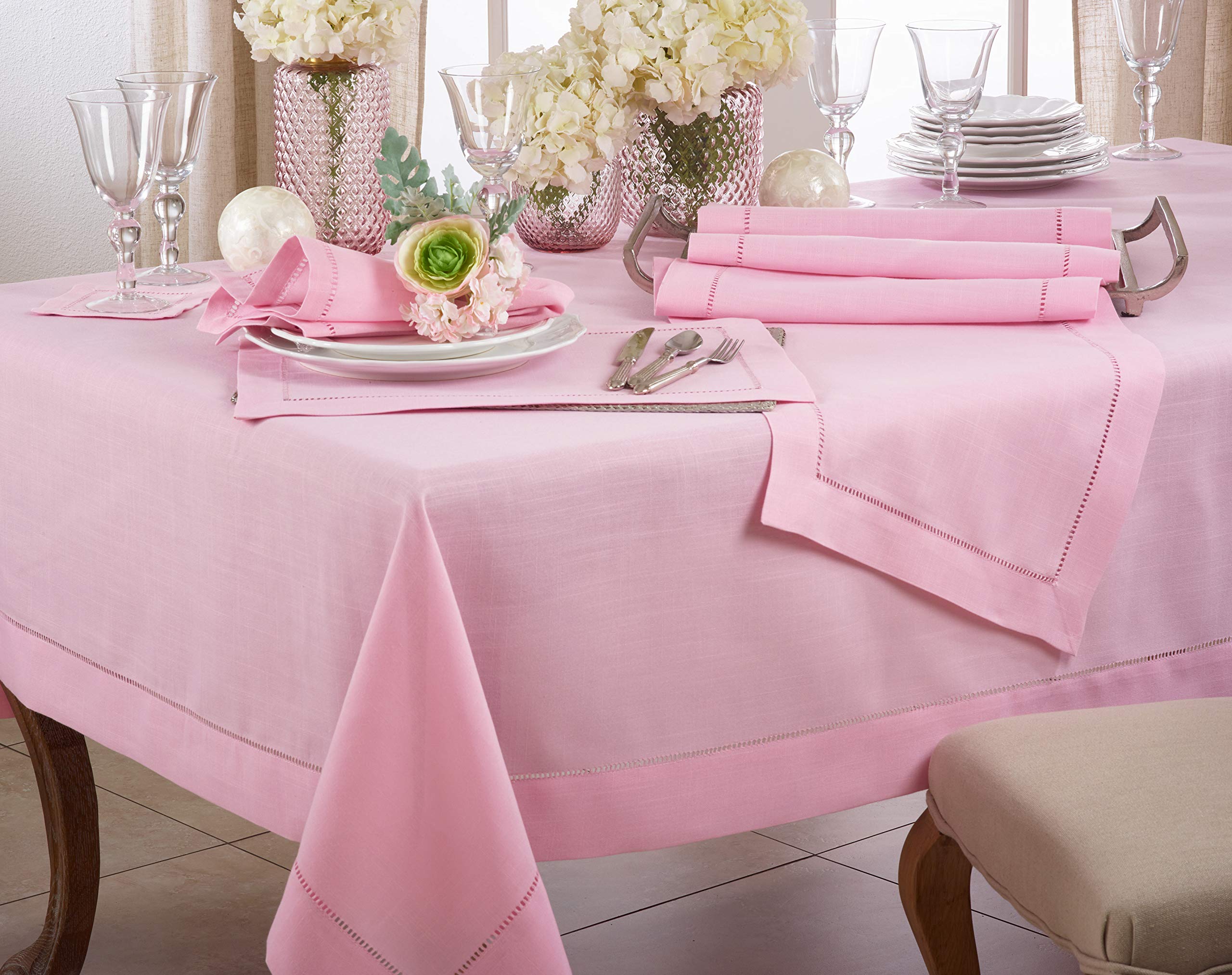 SARO LIFESTYLE Rochester Collection Hemstitched Border Tablecloth, 72", Pink