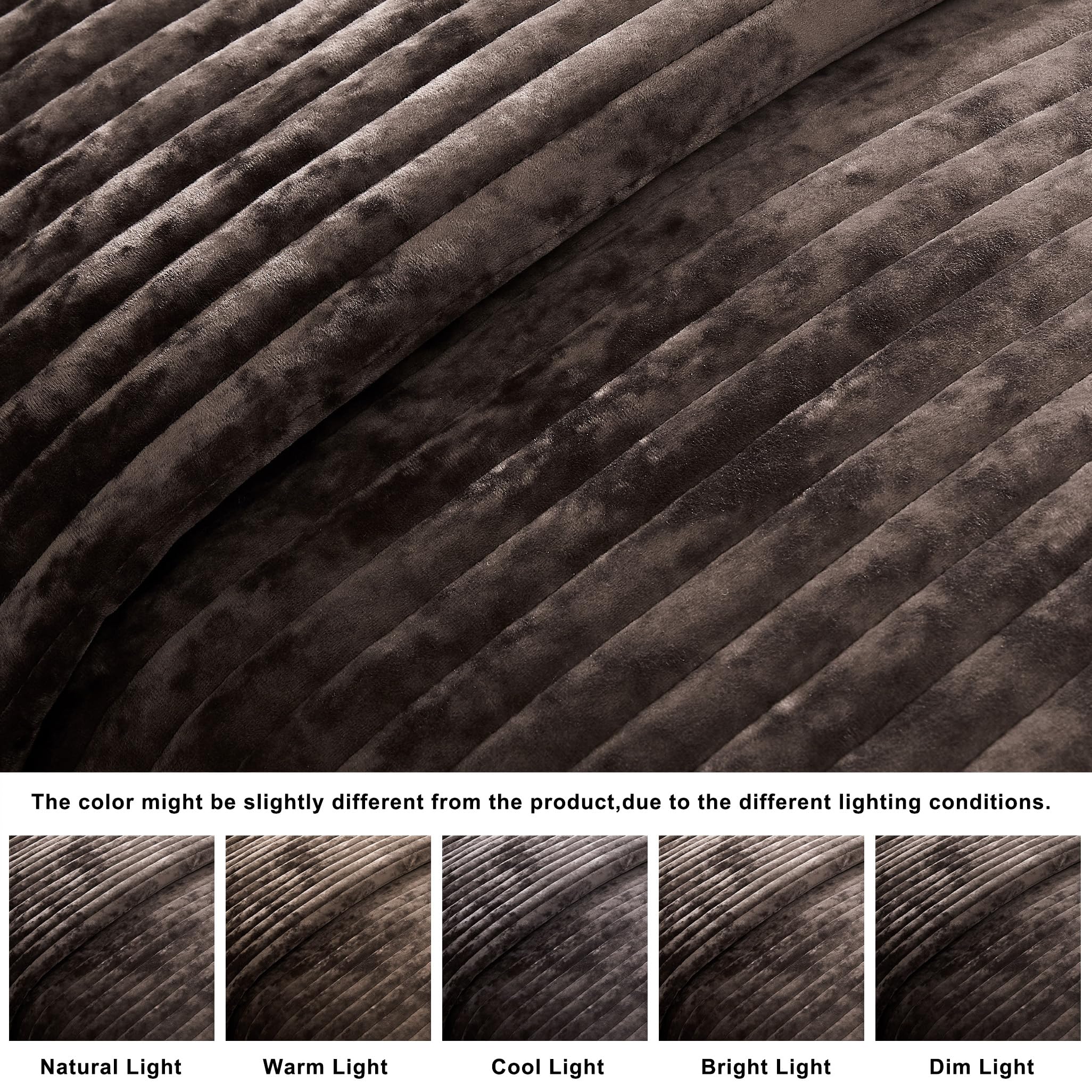 WDCOZY Velvet Queen Size Quilt Set - Chocolate Striped Soft Lightweight Bedspread, Dark Brown Neutral Channel Farmhouse Country Rustic Coverlet, Coffee Modern Bedding Warm Thin Comforter, 3 Pieces