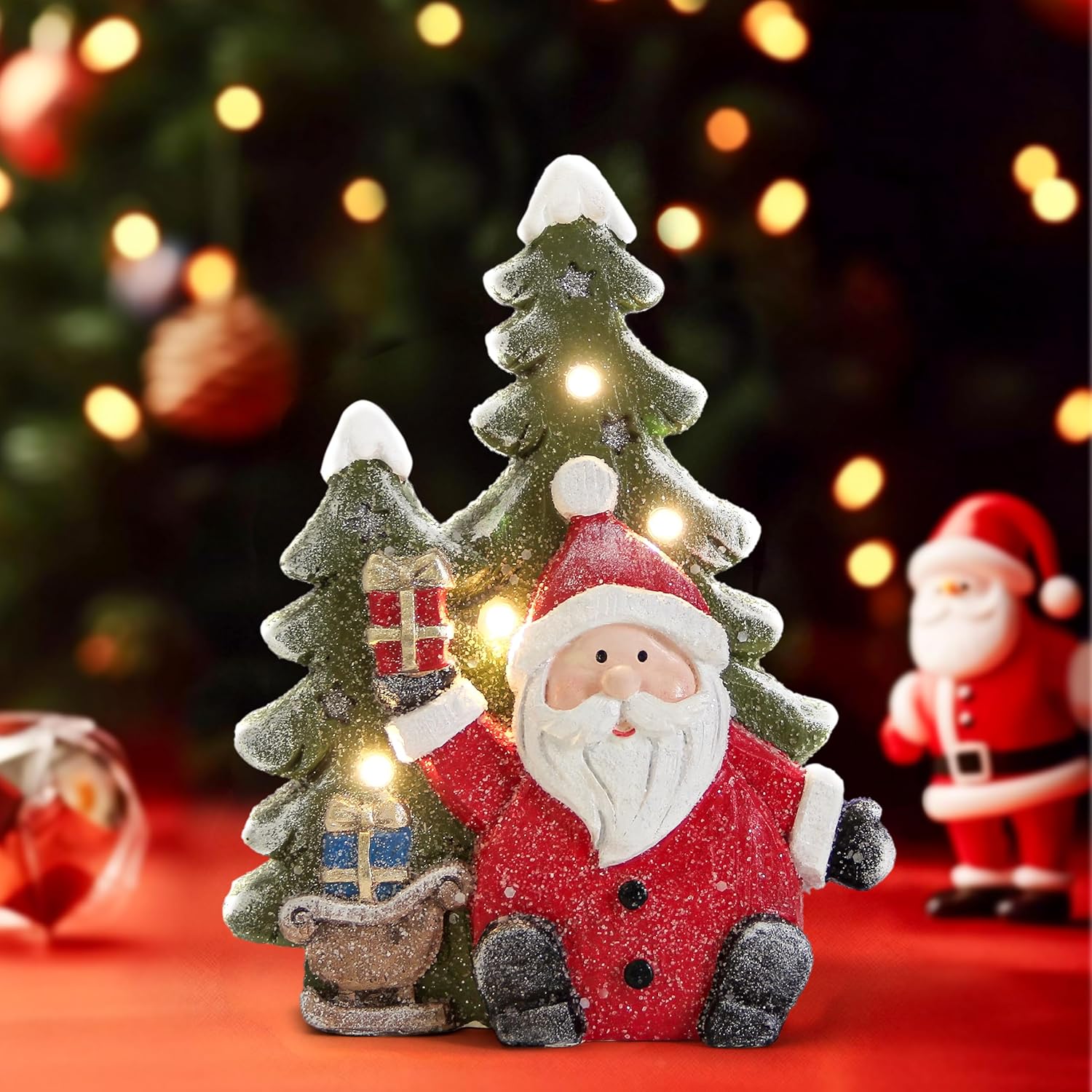Santa Claus Statues - Christmas Decorations for Indoor Holiday Decor | Light-Up Tree Figurines for Table & Mantle