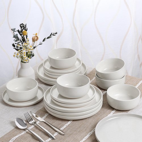 HaWare Stoneware Dinnerware Sets, 18-Piece Plates and Bowls Set for 6, Dishes Set for Home Restaurant, Speckled Milky White
