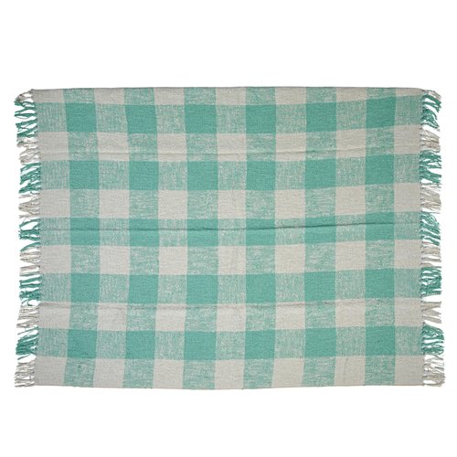 Creative Co-Op Hand-Woven Cotton Throw with Plaid Pattern and Fringe, Mint and Cream