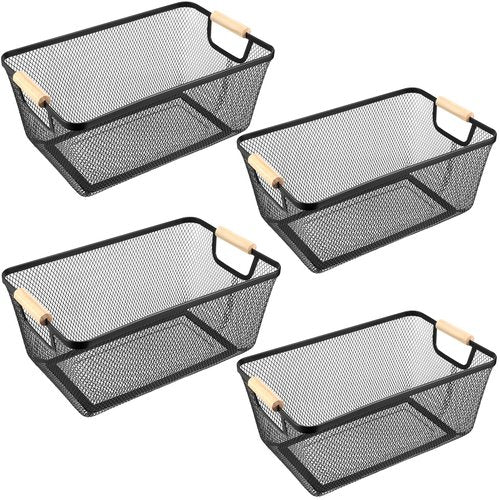 Ziliny 4 Pcs Metal Wire Basket with Wooden Handles Mesh Steel Storage Organizer Bin Containers for Home Organizing Cabinet Pantry Closet Kitchen Fridge Fruit Makeup Snacks Gifts(Large,Black)