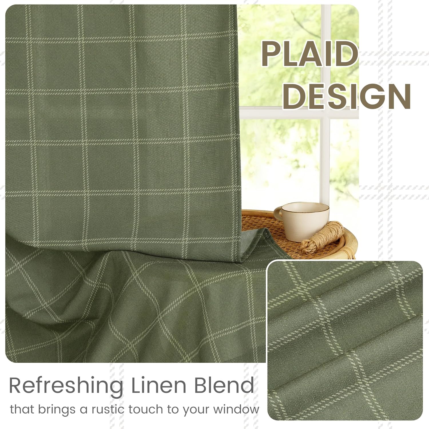 NICETOWN Linen Plaid Curtains - Moss Green Check Tartan Light Filtering Window Panels | 52" x 84" (2 Panels)