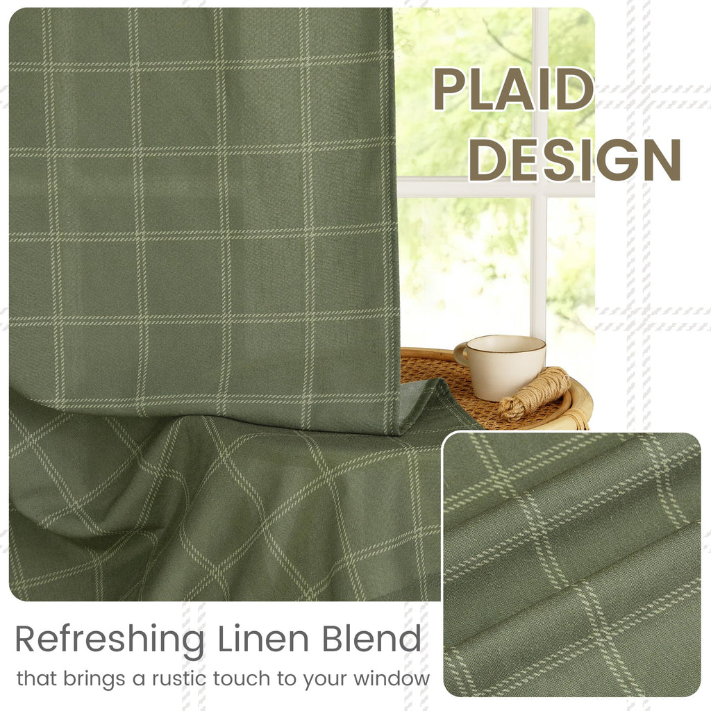 NICETOWN Linen Plaid Curtains Gingham Window Panels Moss Green Check Tartan Light Filtering Curtains for Living Room Bedroom, Rod Pocket Back Tab, 2 Panels, 52 inch Wide x 84 inch Long