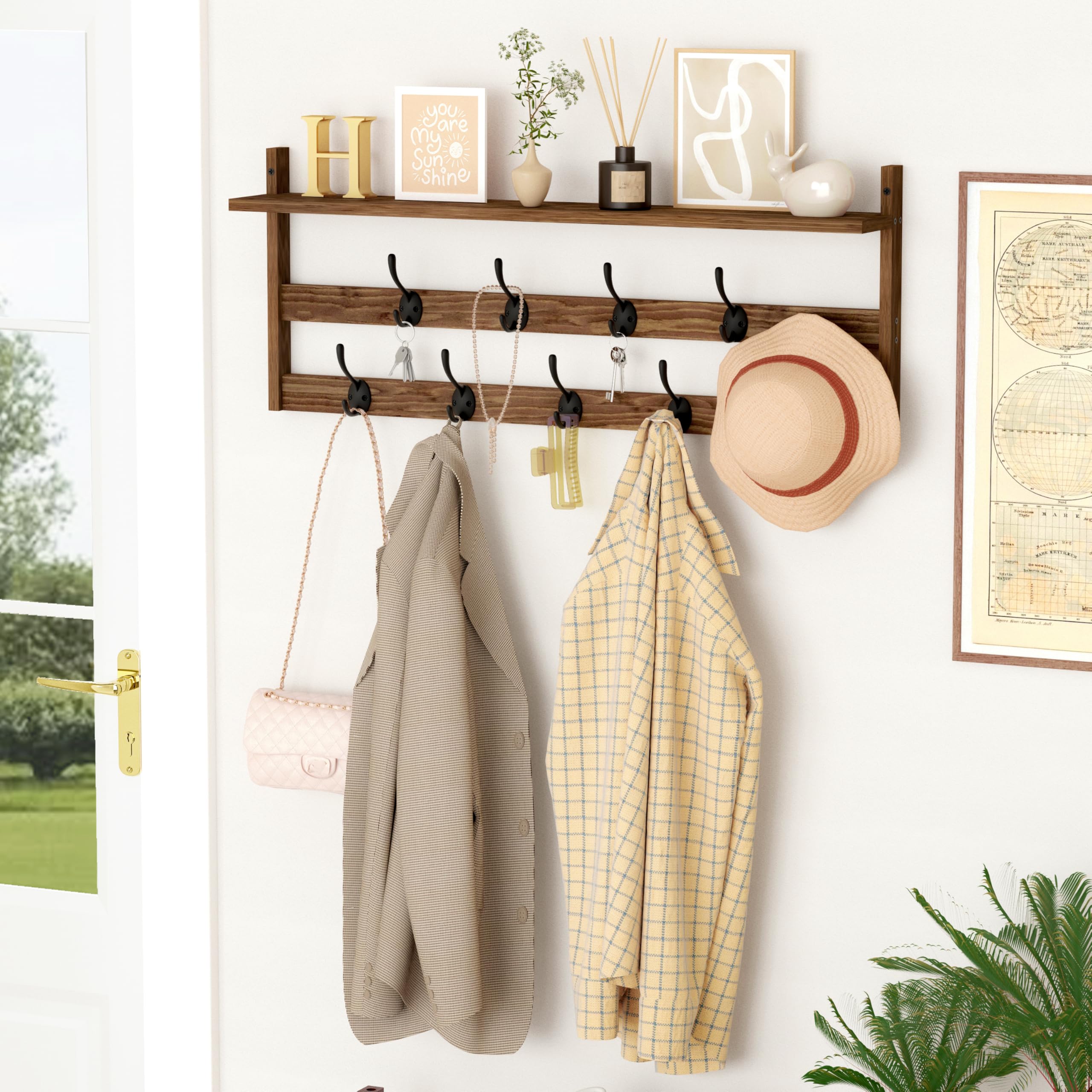 AMBIRD Coat Rack Wall Mount with Shelf, 29" Coat Hooks Wall Mounted with 9 Metal Hooks for Entryway, Bathroom, Bedroom, Living Room, Kitchen, 2 Tier Wall Hooks for Clothes, Hat, Towel, Key, Purse