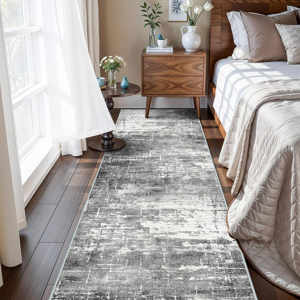Skiennix Washable Kitchen Area Rug - Soft Non-Slip Abstract Runner for Living Room & Bathroom | 2x10 ft, Black/Grey
