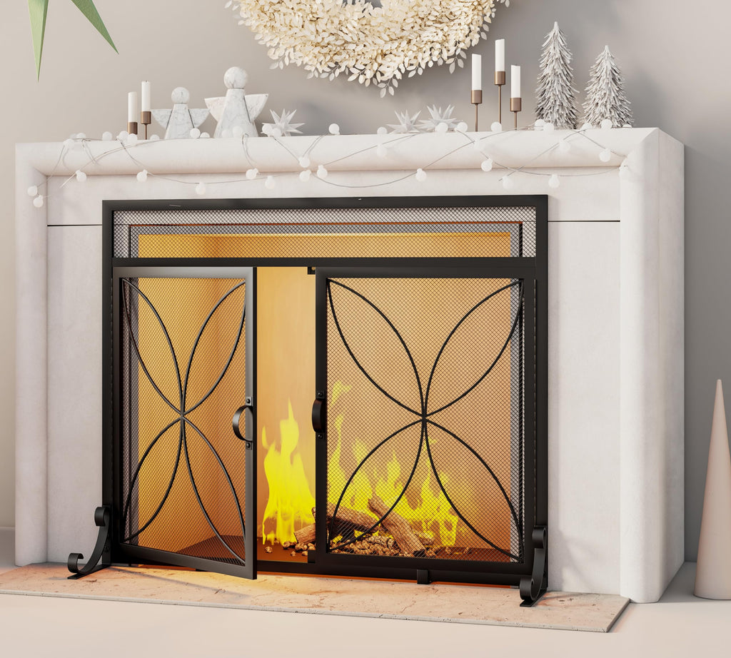 Fire Beauty Fireplace Screen with Magnetic Doors,Large Metal Fire Place Screen for Home,Spark Guard,Metal Furnace Fireguards,Baby Safe Spark Guard Protector,Black
