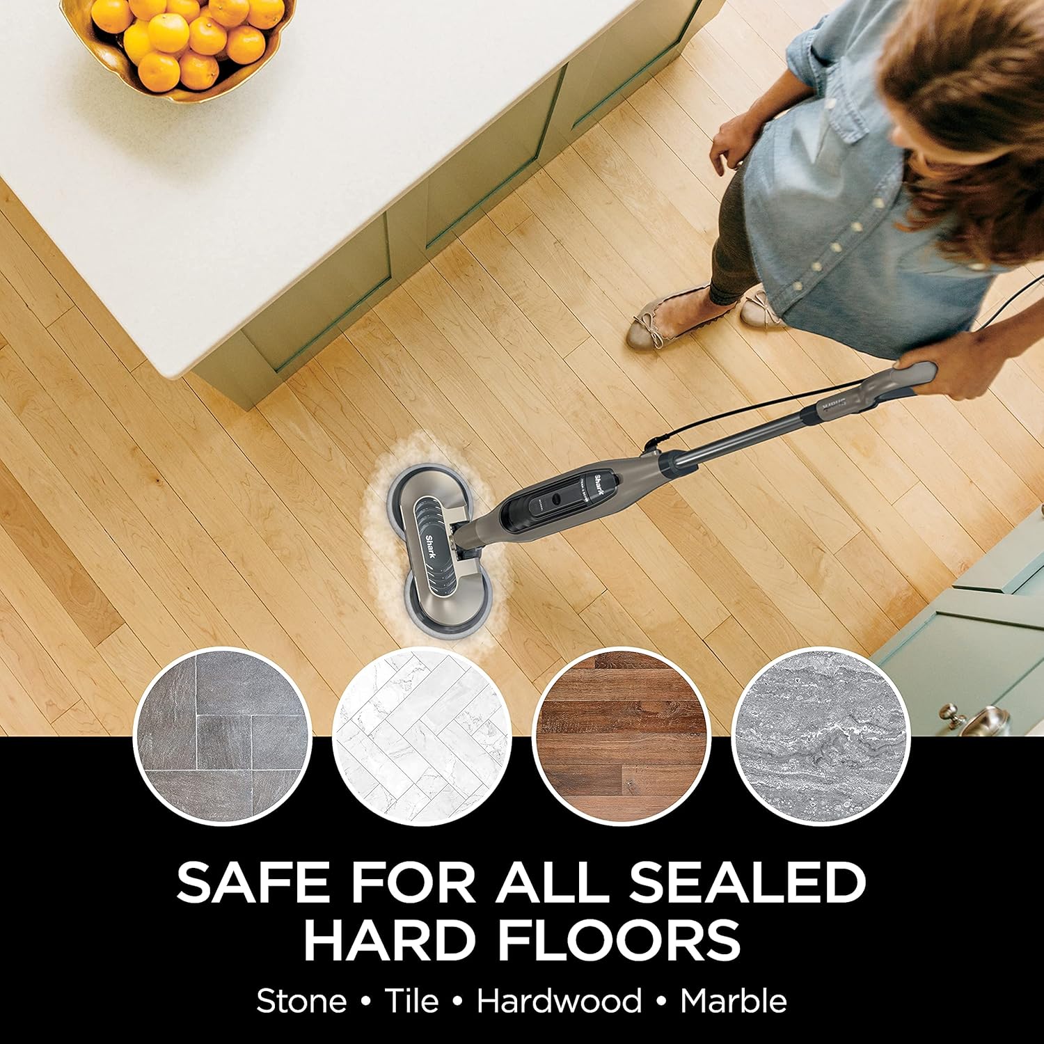 Shark S7001 Mop - Scrub & Sanitize Hard Floors with 4 Washable Pads | 3 Steam Modes & LED Headlights, Gold