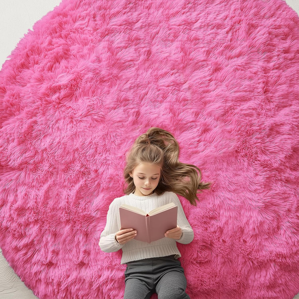 OLANLY Round Hot Pink Area Rug - Soft, Fluffy, Machine Washable 8 ft Circle Carpet for Bedrooms & Nurseries