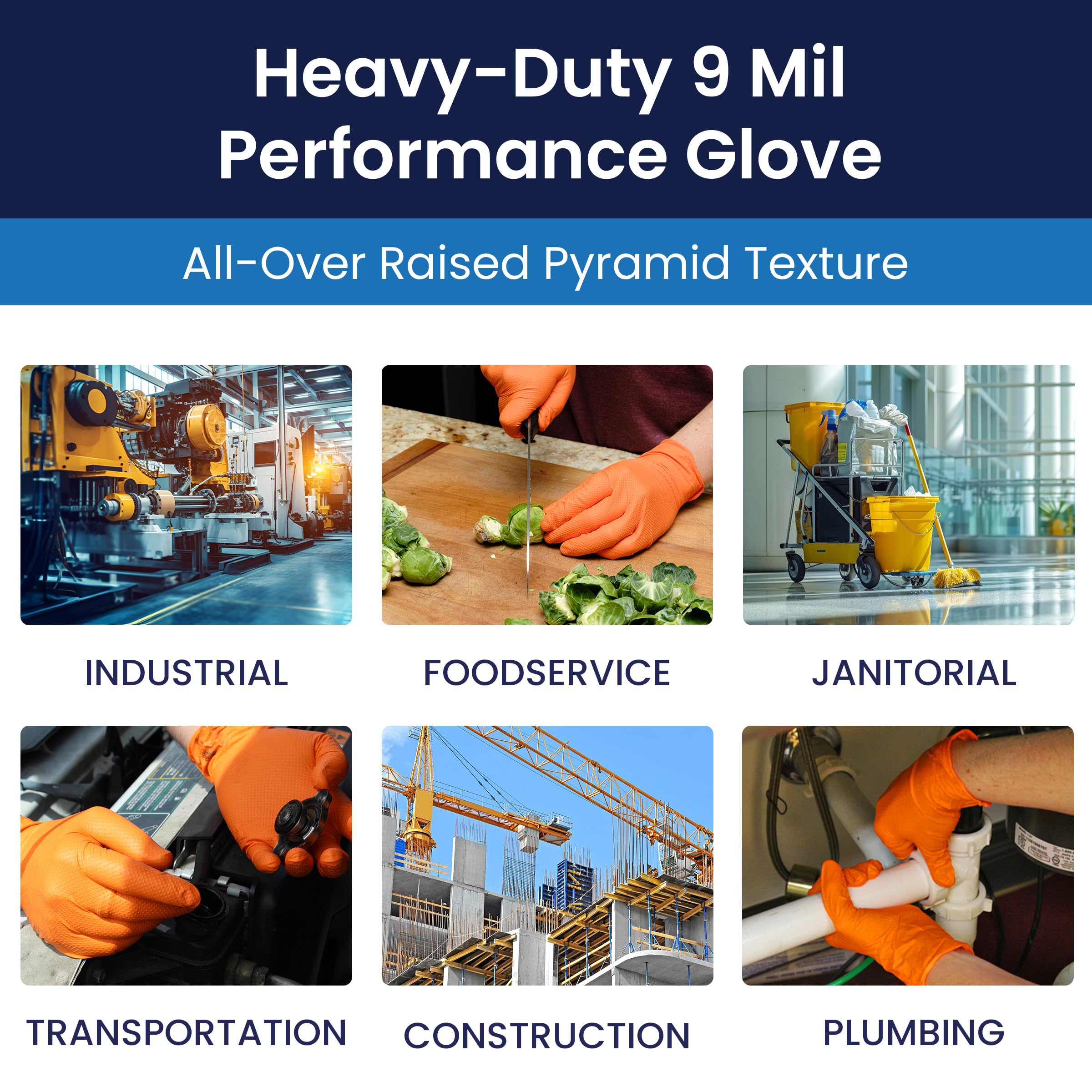 Adenna ProWorks CATCH Disposable Nitrile Gloves – 9 Mil, Heavy Duty Work Rubber Glove with Raised Pyramid Grip, Non–Latex & Powder Free, Pack of 100, Large, Orange