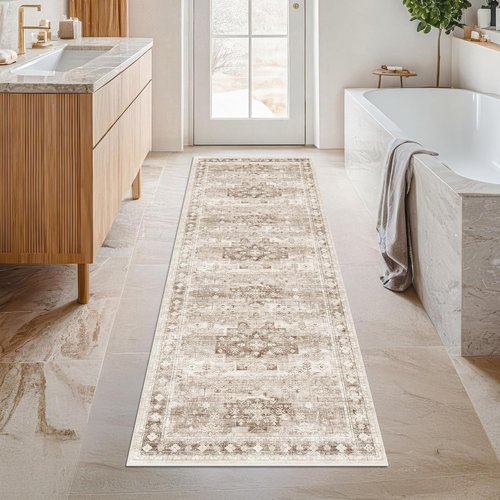 Hazo Haus Boho Long Bathroom Runner Rug - Soft, Washable, Non-Slip Design | 24" x 72" Beige Floral Décor