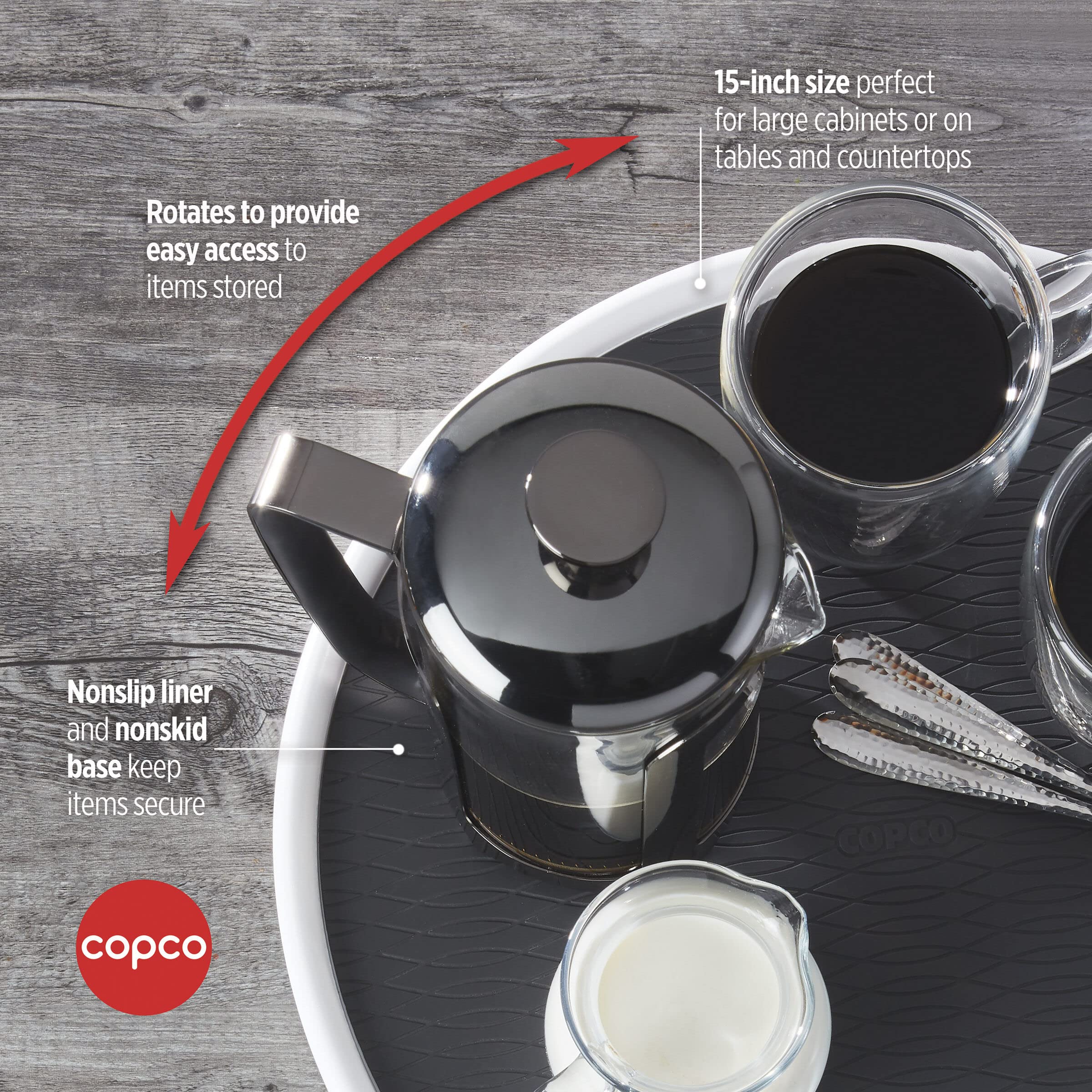 Copco Pro 15-Inch Lazy Susan Turntable, Non-Skid Pantry or Cabinet Organizer for Spices, Condiments, and Bottles, Smooth Rotation, Charcoal Finish