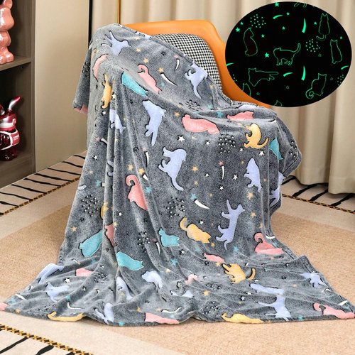 Sviuse Glow in The Dark Cat Blanket Ultra Soft Flannel Throw Gifts for Cats Lovers Girls Kids Twin Size Grey Lovely Kitten Pattern Luminous Blankets for Couch Bed Sofa (60"x80", Cat 9)