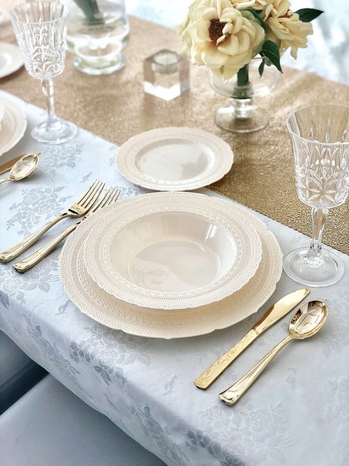 OCCASIONS 80 Ivory Wedding Plates (40 Guests), China-Look Chateau Design, Heavy Duty 40x11" Dinner + 40x8.25" Salad, Disposable Reusable for Bridal Shower Reception (Chateau Ivory)