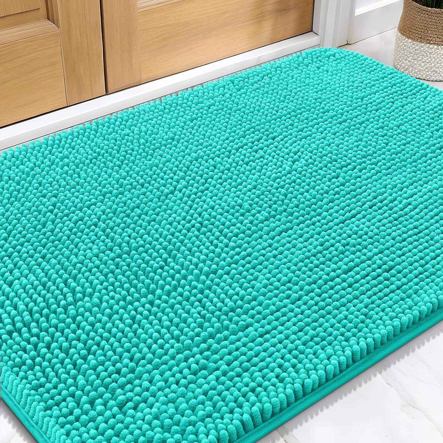 OLANLY Dog Door Mat - Absorbent Non-Slip Chenille Doormat for Muddy Paws | 30x20, Teal