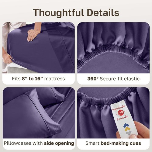 California Design Den Queen Size Cotton Sheet Set - 400 TC Silky Smooth Sateen Weave, Deep Pockets, Breathable - Purple