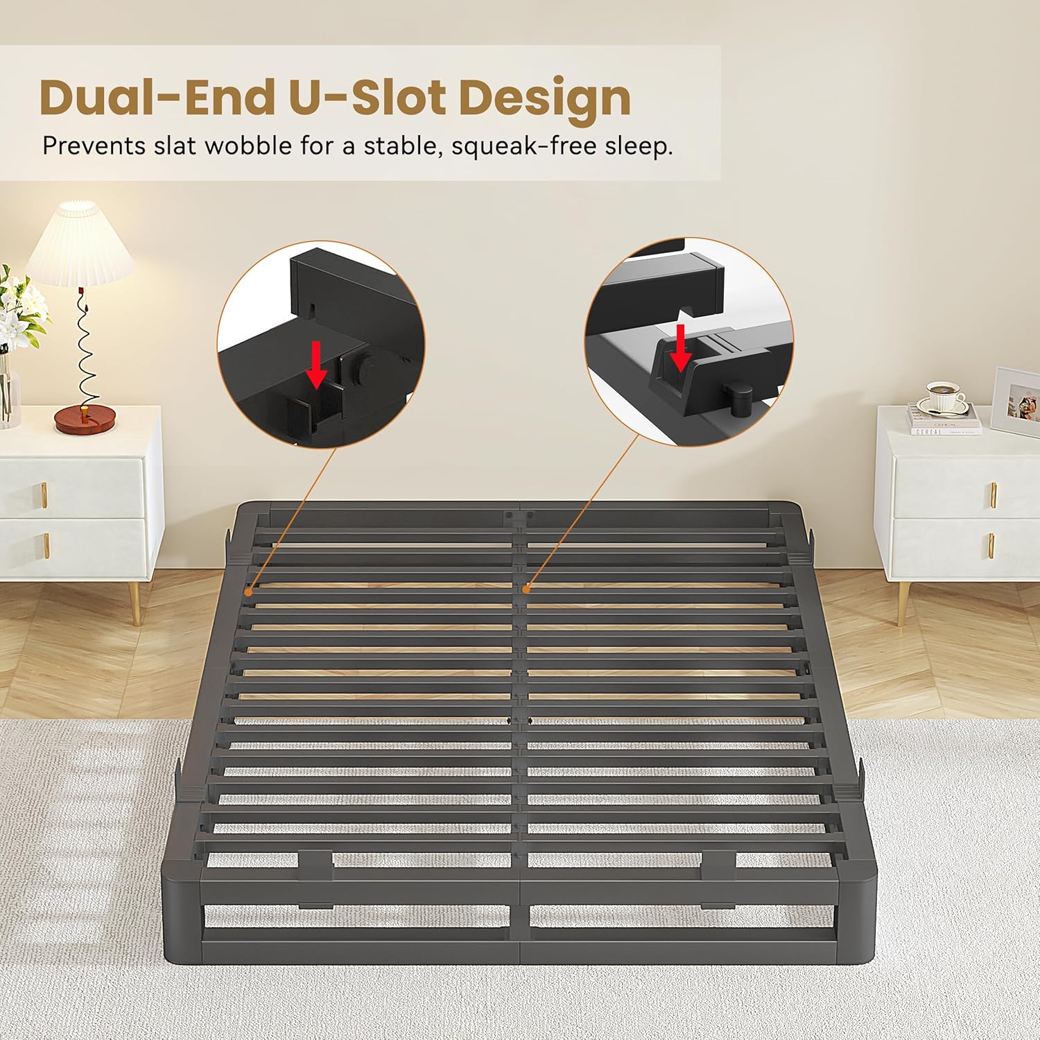 Skiennix 6-Inch Queen Bed Frame - Squeak-Free U-Slot Design with Heavy-Duty Steel Support | Black
