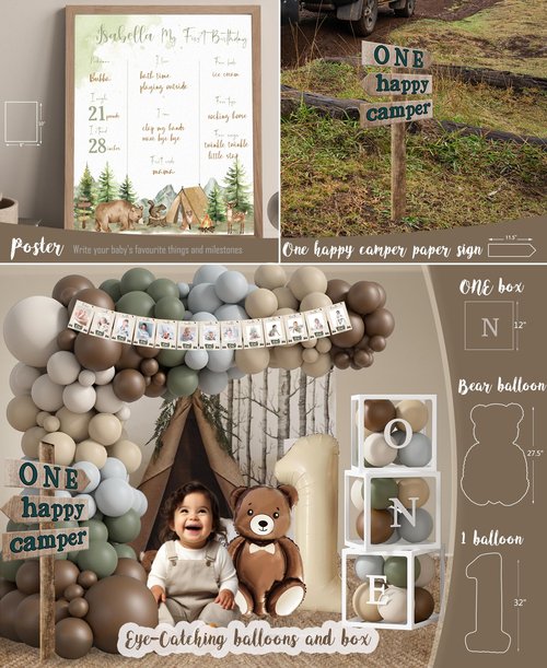One Happy Camper Birthday Decorations, Camping 1st Birthday Party Supplies with Balloon Arch Balloon Box Backdrop High Chair Banner Crown Cake Topper Table Cloth
