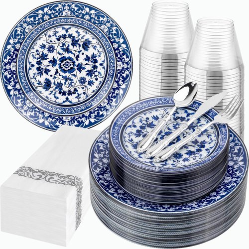 Hioasis 175PCS Blue Plastic Plates - Floral Disposable Dinnerware Set for 25 Guests, Include 50 Dinner & Dessert Plates, 75 Silver Cutlery, 25 Napkins, 25 Cups Perfect for Party (Art Style)