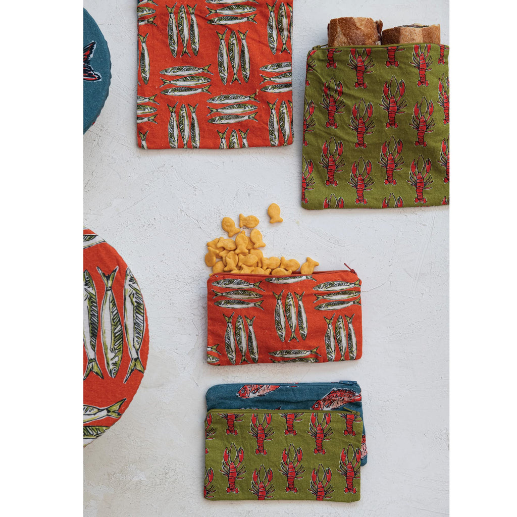 Creative Co-Op Cotton Zip Food Pouch with Sea Life Illustrations, Set of 3 Styles, Multicolor