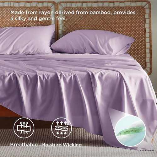 Bedsure Full Size Cooling Bed Sheets - Breathable Rayon from Bamboo, Deep Pocket Up to 16 Inches, Lilac