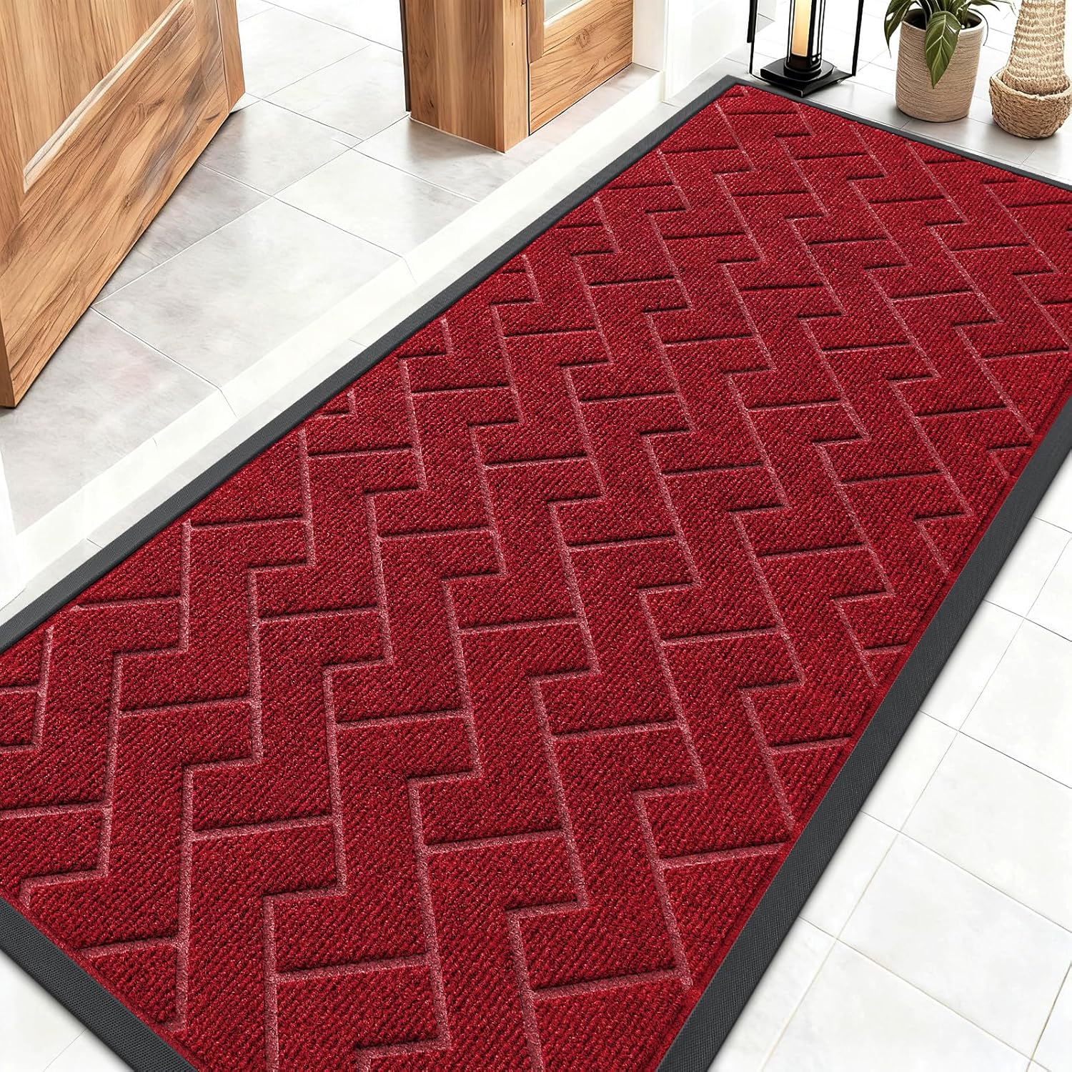 OLANLY Waterproof Front Door Mat - All-Season, Easy Clean Herringbone Design | Wine Red, 59x23 Inches