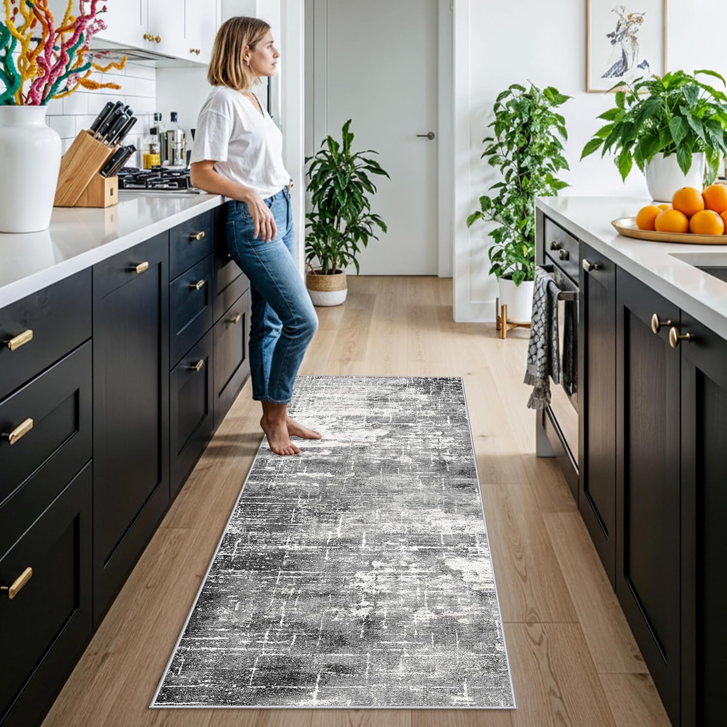 Skiennix Abstract Kitchen Runner Rug - Washable Non-Slip Low Pile Carpet | 2x6 Black/Grey for Modern Home Decor