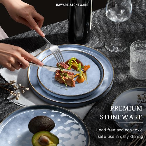 HaWare Dinnerware Sets, 12-Piece Plates and Bowls Set, Stoneware Dish Set for 4, Ceramic Dinnerware for Home Restaurant, Chip and Scratch Resistant, Microwave and Dishwasher Safe, Reactive Blue