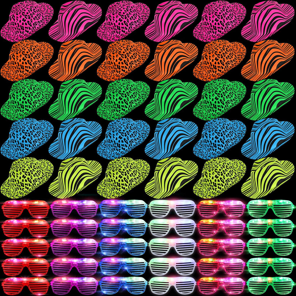 60 Set Party Hats Glasses Including 30 Neon Animal Print Plastic Hats and 30 Flashing LED Light up Glasses for Adult Birthday Bachelorette Party Props
