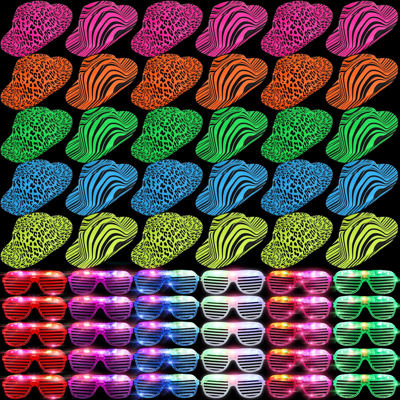 60 Set Party Hats Glasses Including 30 Neon Animal Print Plastic Hats and 30 Flashing LED Light up Glasses for Adult Birthday Bachelorette Party Props