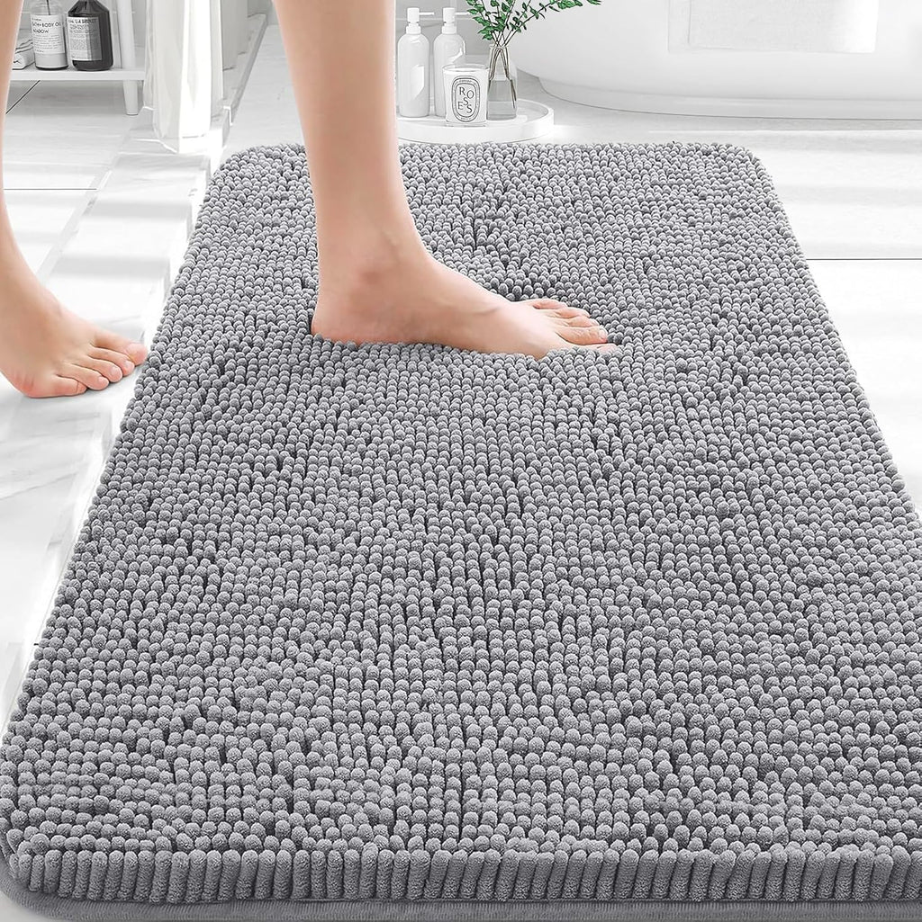 OLANLY Bath Rugs - Extra Soft Chenille with Quick-Dry Rubber Backing | 35x24 Inches, Grey