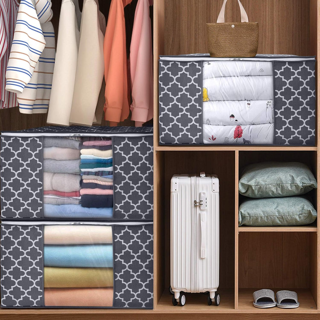 WISELIFE Storage Bags - Large Blanket and Clothes Organizers with Clear Window | Grey, 3 x 100L, Foldable Design