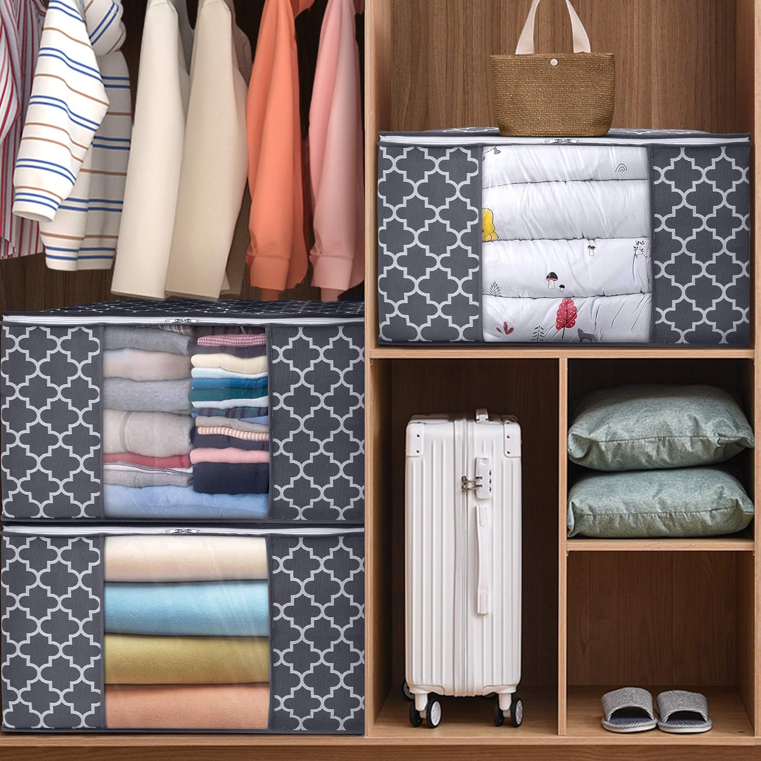 WISELIFE Storage Bags - Large Blanket and Clothes Organizers with Clear Window | Grey, 3 x 100L, Foldable Design