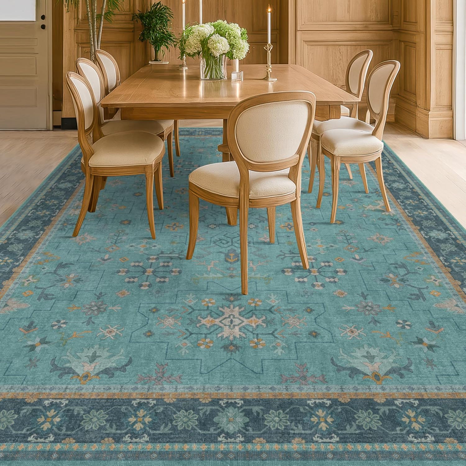Boho 9x12 Large Teal Green Washable Rug - Vibrant Turquoise Carpet for Living Room, Bedroom & Dining Room