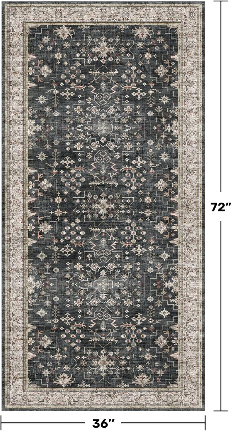 Skiennix Black Boho Kitchen Runner Rug - Washable, Non-Slip, Stain & Fade Resistant | 3x6 Vintage Floral Design