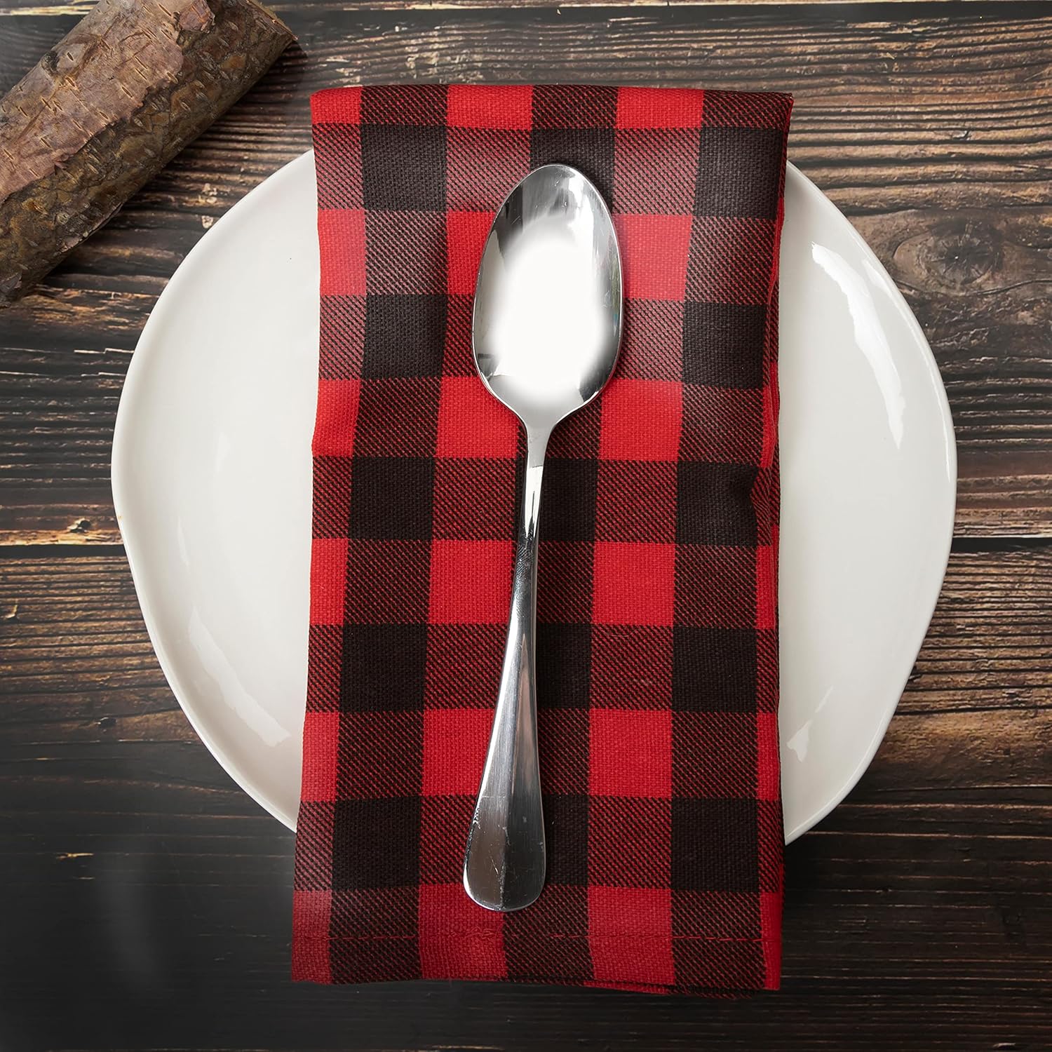 PERLLI Kitchen Cloth Napkins - Buffalo Plaid Red & Black | 12 Pack, 18x18 Inches, 100% Cotton, Washable & Reusable for Holiday Table Decor
