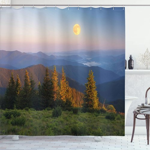 Ambesonne Nature Shower Curtain, Mountain Moon on Sky Pine Tree Hills Rural Heaven Country Picture, Cloth Fabric Bathroom Decor Set with Hooks, 69" W x 70" L, Slate Blue Fern Green