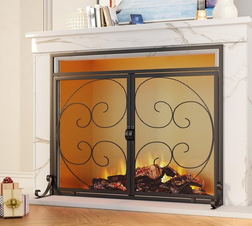 Fire Beauty Fireplace Screen with Magnetic Doors,Handcrafted Wrought Iron Classical Scroll Durable Metal Mesh, Decorative Free Standing Fireplace Spark Guard- Black