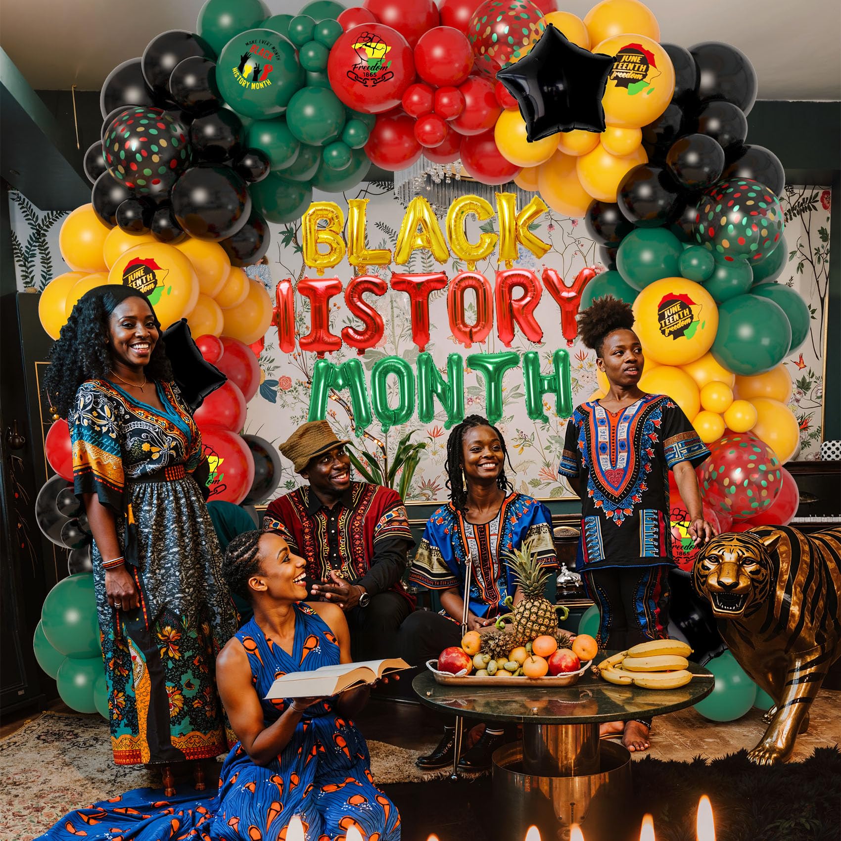 Ouddy Life 154Pcs Black History Month Decorations, History Month Balloons with Green Red Yellow Black History Printed Letter Stars Foil Balloon for African American