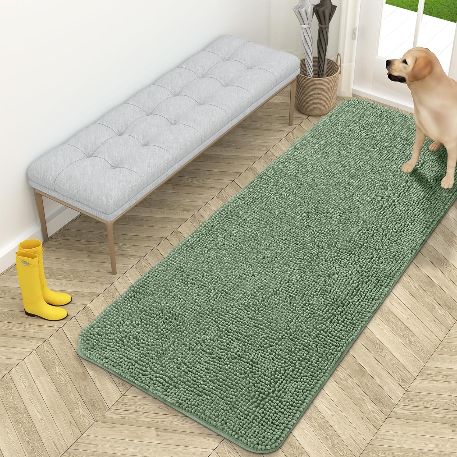 OLANLY Dog Door Mat - Absorbent Non-Slip Mud Mat for Muddy Paws | 59x24 Inches, Quick Dry Chenille, Olive Green