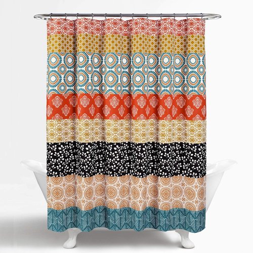 Lush Decor Bohemian Stripe Shower Curtain 72" W x 72" L Turquoise & Orange - Bathroom Curtain - Striped Shower Curtain - Boho Decor - Fabric Shower Curtains