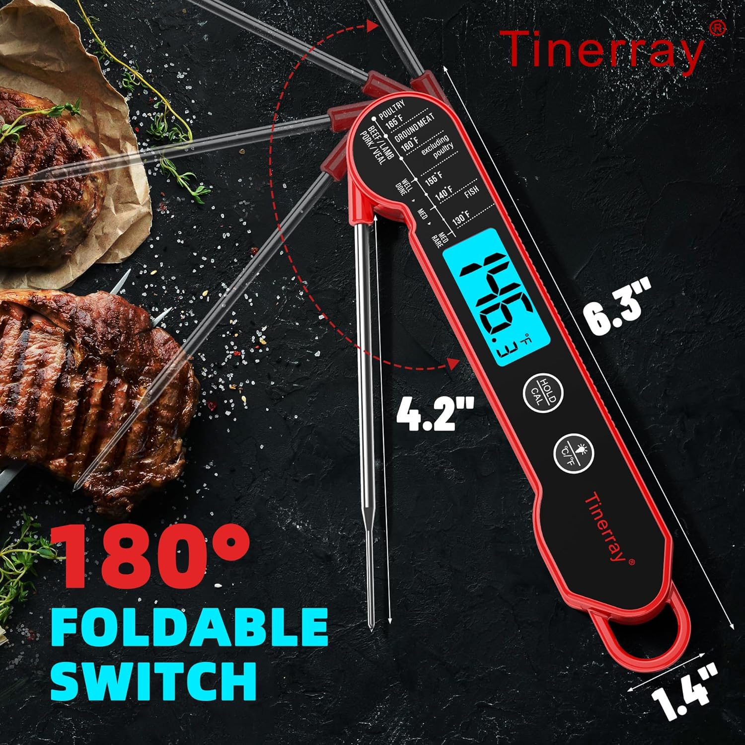 Professional Digital Meat Thermometer - Instant Read Waterproof Folding Probe with Backlight & Calibration for BBQ, Grill, Cooking