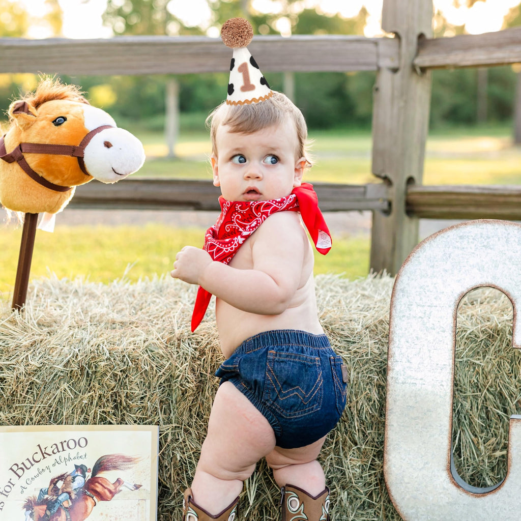 MAMUXI Cow Print 1st Birthday Hat - Cowboy One Birthday Decorations, My First Rodeo Party Cone Hat, Little Cowboy Smash Cake Photo Props, Western Farm Cow Party Cap (Cowboy Birthday Hat)