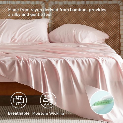 Bedsure Cooling California King Sheet Set - Breathable Bamboo Rayon, Soft & Luxurious, Deep Pocket, Pink