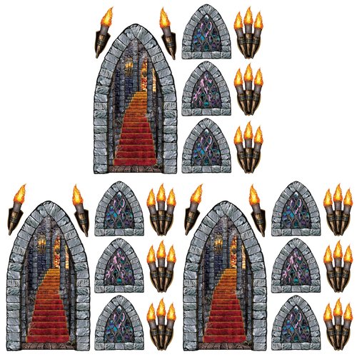Beistle Medieval Stairway, Window & Torch Props 27 Image Set – Gothic Haunted Castle Plastic Cutouts for Halloween Parties, Dungeon Themes and Spooky Wall Decorations – 18" to 60"
