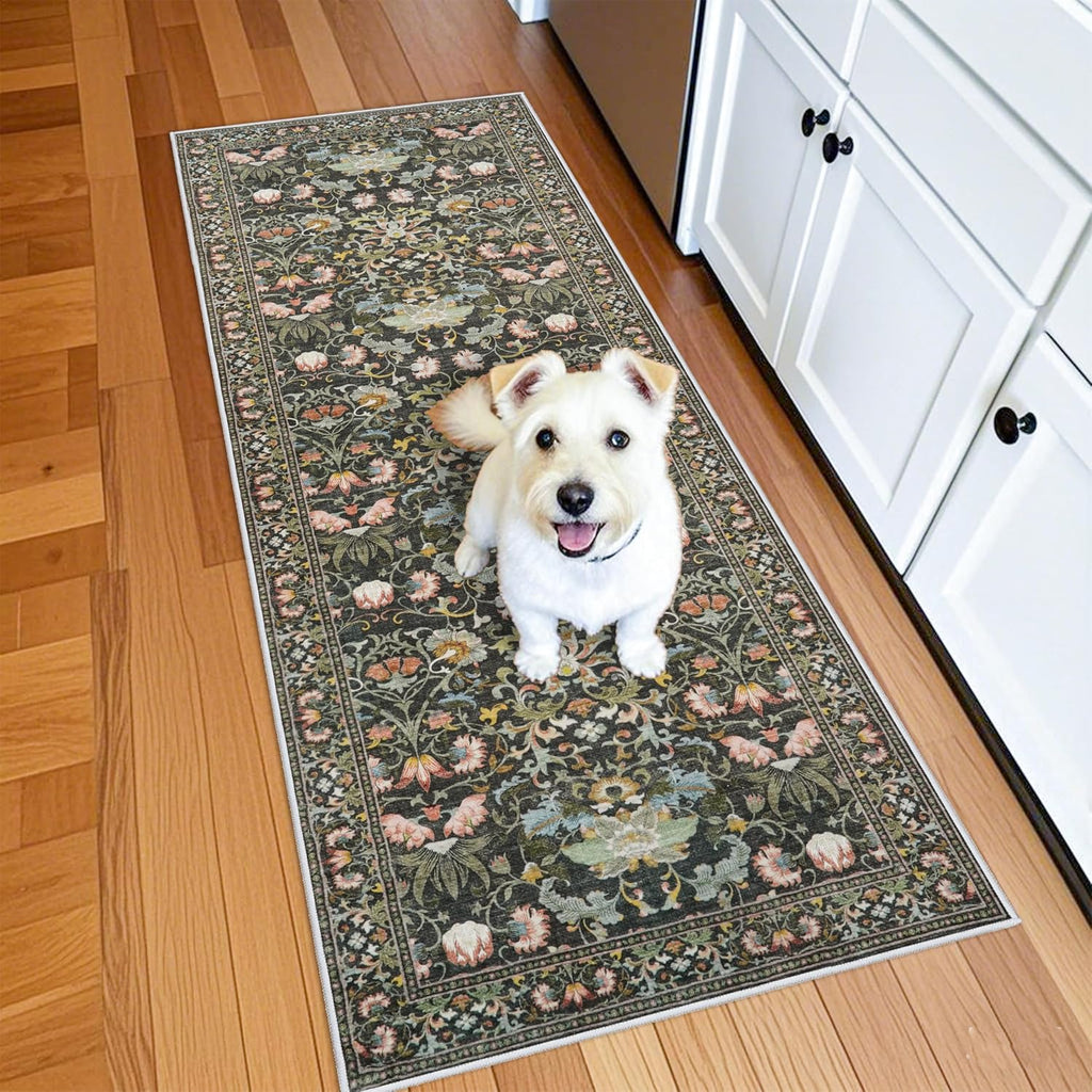 Skiennix Vintage Floral Hallway Runner Rug - Washable, Non-Slip, Water Resistant | 2x6, Green