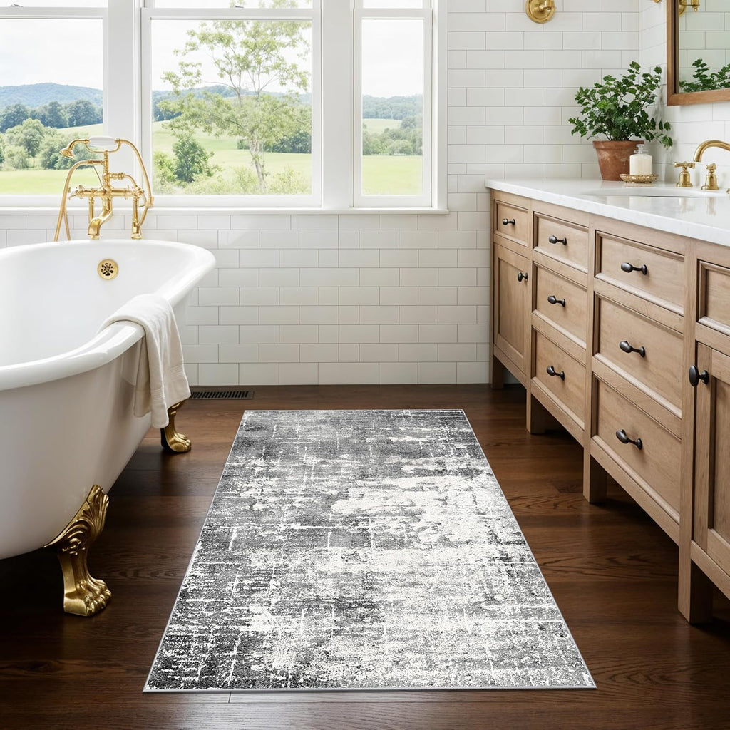Skiennix Washable Area Rug - Abstract Water-Resistant Non-Slip Doormat | 2x3 ft, Black/Grey for High-Traffic Areas
