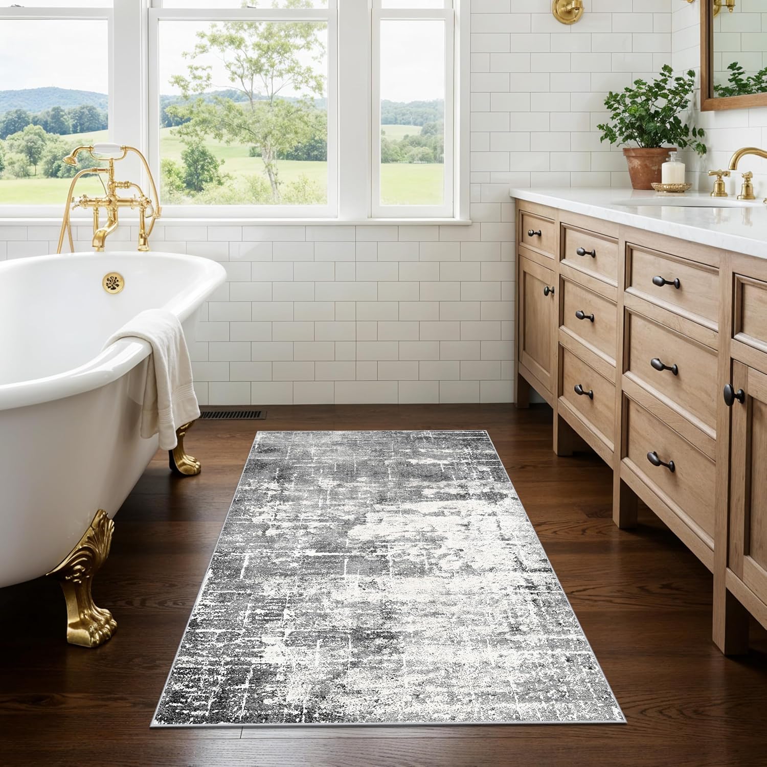 Skiennix Washable Area Rug - Abstract Water-Resistant Non-Slip Doormat | 2x3 ft, Black/Grey for High-Traffic Areas