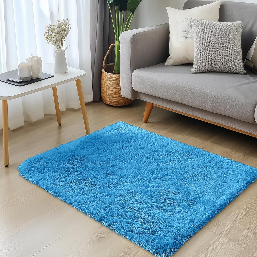 OLANLY Soft Fluffy Shaggy Bedside Rug - Machine Washable 2x3 Entryway Carpet in Bright Blue